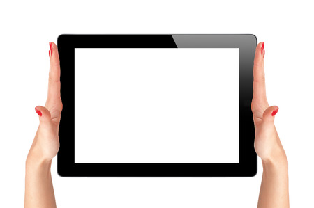 female hands holding a tablet touch computer gadget isolated on white の写真素材