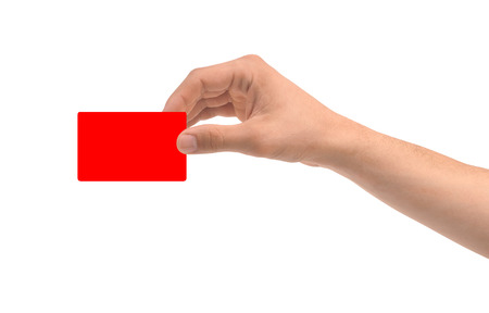 Hand and red card isolated on white の写真素材