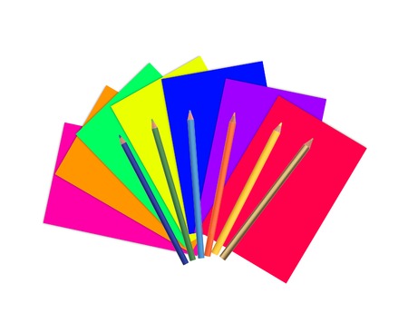 Color paper and pencils isolated on white backgroundの写真素材