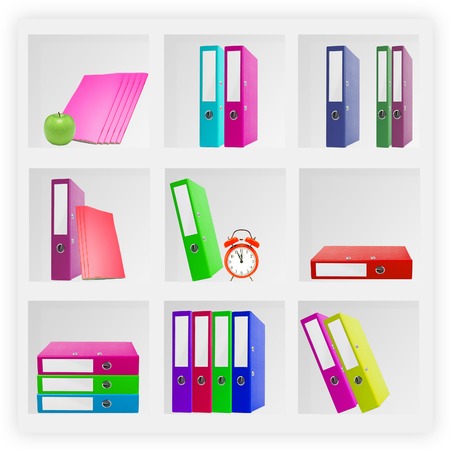 White office shelves with different stationery, close upの写真素材