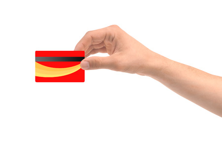 Hand and red card isolated on white backgroundの写真素材
