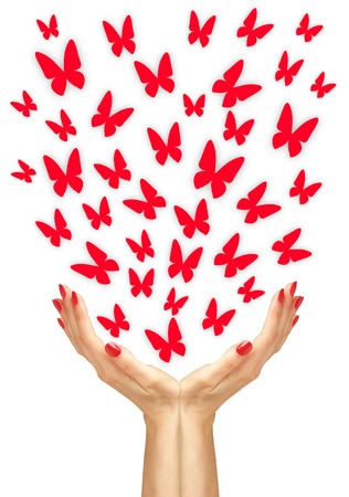 Paper yellow butterflies fly from woman hands over white の写真素材