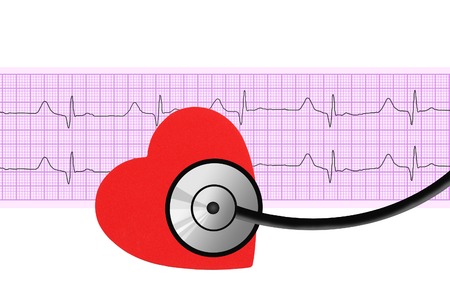 heart and stethoscope over electrocardiogram graph on white backgroundの写真素材