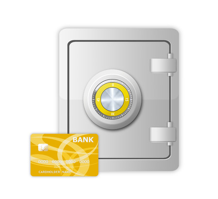 metal safe with mechanical code lock and credit card on white backgroundの写真素材