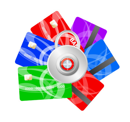 Realistic credit cards and pad lock over whiteの写真素材