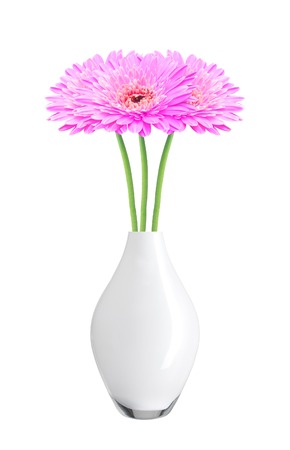beautiful pink gerbera daisy flowers in vase isolated on white backgroundの写真素材