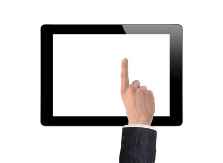 man hand make a choice on tablet isolated on white backgroundの写真素材