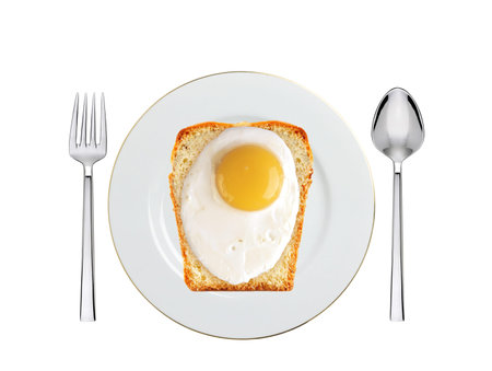 Scrambled eggs with bread on plate isolated on white background