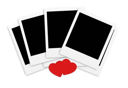 Photo papers card and red hearts isolated on white backgroundの写真素材