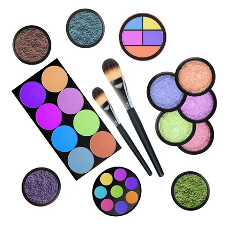 set of 5 eyeshadows and brushes isolated on white backgroundの写真素材