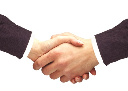 Handshakings isolated on white Conceptual photo of teamworkの写真素材