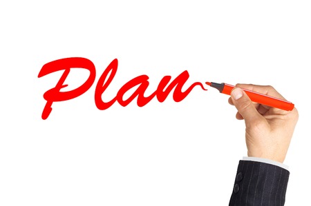 Hand writing word Plan on transparent boardの写真素材