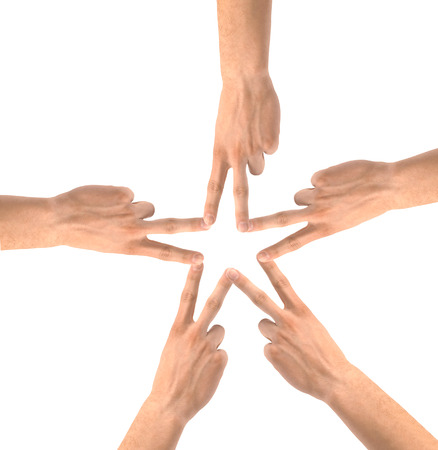 United hands isolated on white Conceptual photo of teamworkの写真素材