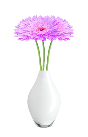 beautiful purple gerbera daisy flowers in vase isolated on white backgroundの写真素材