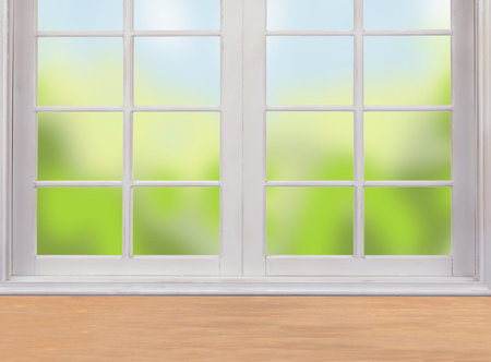 Wooden table and window and nature background