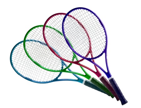 Tennis equipment: colorful rackets isolated on white backgroundの写真素材