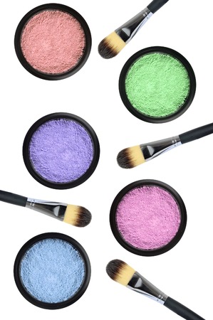 set of 5 eyeshadows and brushes isolated on white backgroundの写真素材