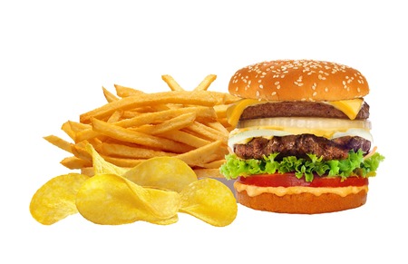 French fries in white box and cheeseburger isolated on whiteの写真素材