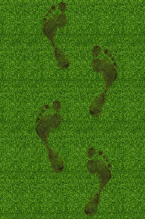 Green grass with footprints background textureの写真素材