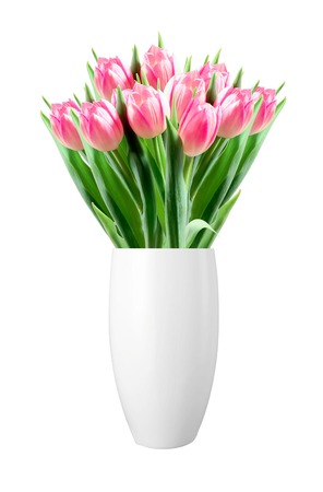 Bouquet of pink tulips in vase isolated on white backgroundの写真素材