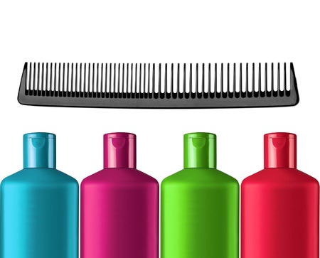 Plastic colorful bottles shampoo and black comb isolated on white backgroundの写真素材