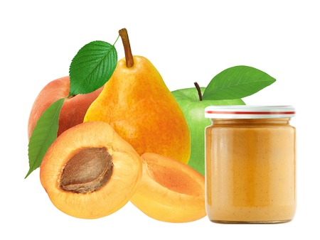 jar of baby puree and fresh apricot, peach, apple and pear isolated on white backgroundの写真素材