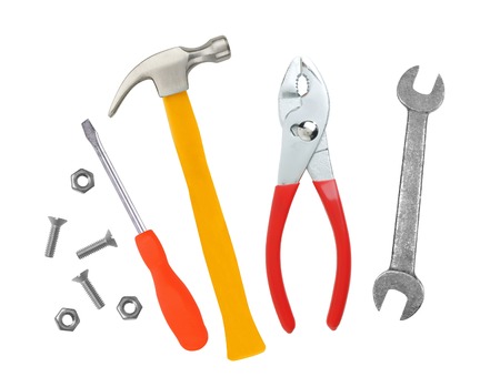 Hammer, screwdriver and wrenches isolated on white backgroundの写真素材