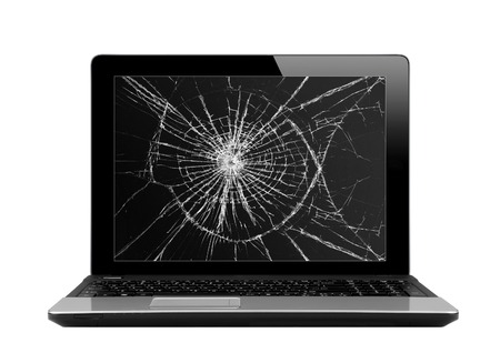 Black laptop with broken screen isolated on white backgroundの写真素材