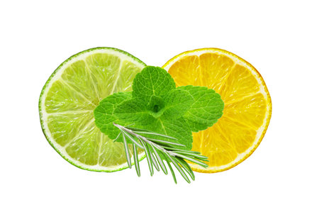 Lemon and lime slices, mint and rosemary herb isolated on white backgroundの写真素材
