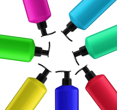 Plastic bottles shampoo isolated on white backgroundの写真素材