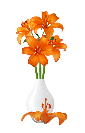 Orange lily in white vase isolated on whiteの写真素材
