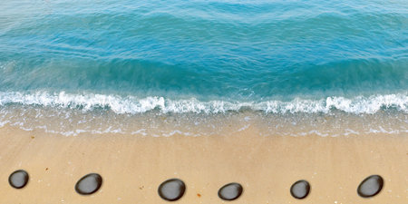 Beautiful white sand beach and tropical turquoise blue sea. View from above