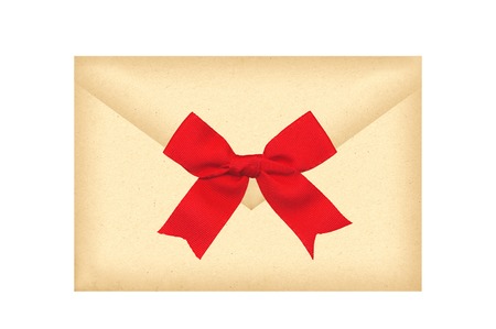 Letter envelope with red bow isolated on whiteの写真素材