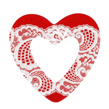 Red heart with lace isolated on white backgroundの写真素材