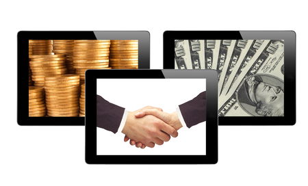 Black Touch Screen Tablets and business items isolated on white backgroundの写真素材