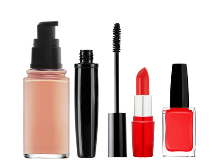 foundation, mascara, lipstick and nail polish isolated on white backgroundの写真素材