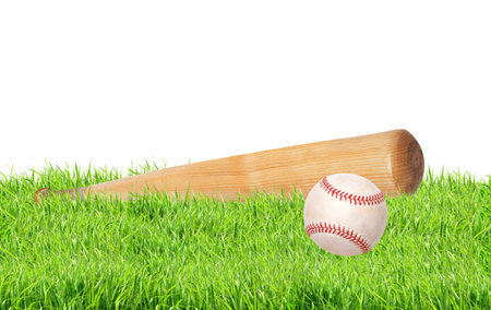 baseball ball and bat on green grass isolated on white background