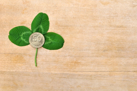 green clover leaf and coin on wooden board (deck)