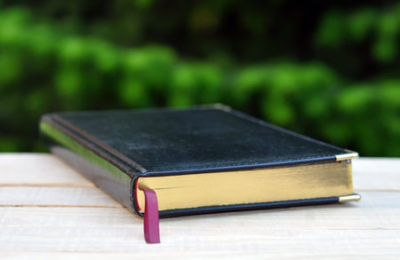 Book on Wooden Table on Nature Background of Summer Garden