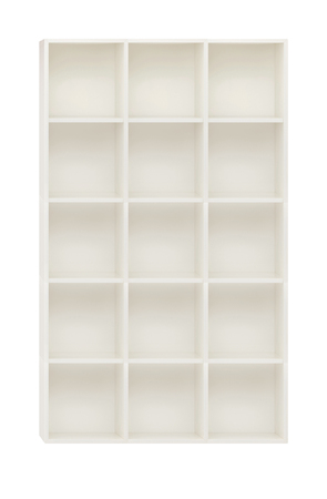 Empty cupboard in the white wooden shelves isolated on whiteの写真素材