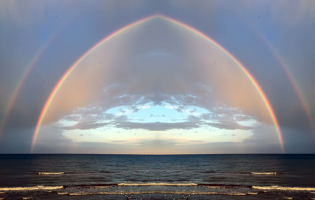 Colorful rainbow over Black Sea beach