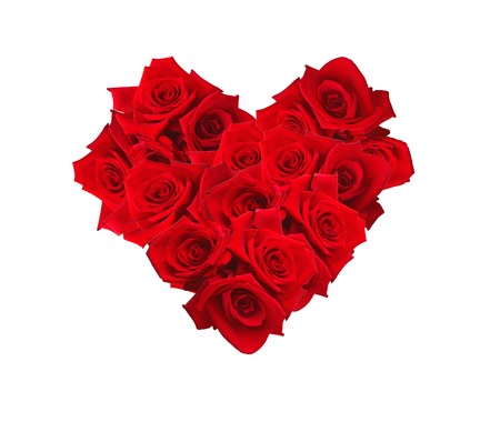 Valentines Day heart made of red roses isolated on whiteの写真素材