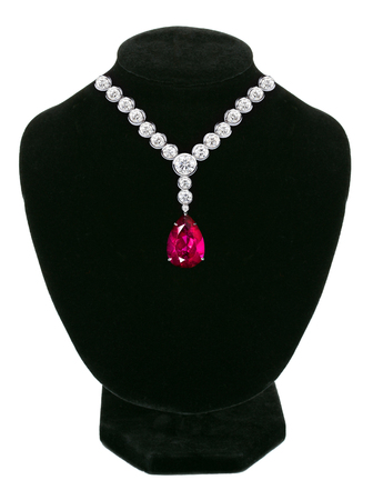 Diamond and ruby necklace on black mannequin isolated on white backgroundの写真素材