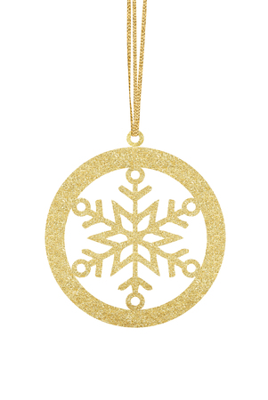 Golden Glitter Decorative Ball with Snowflake for Christmas Tree isolated on White Backgroundの写真素材