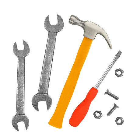 Hammer, screwdriver and wrenches isolated on white backgroundの写真素材
