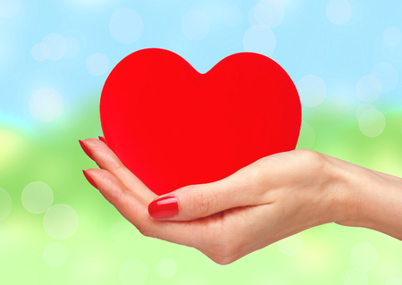 Red heart in woman hands over bright nature backgroundの写真素材