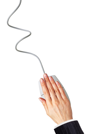 woman's hands pushing keys of pc mouse, on white background close-upの写真素材