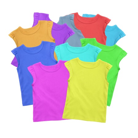 Lots of T-shirts colorful isolated on whiteの写真素材