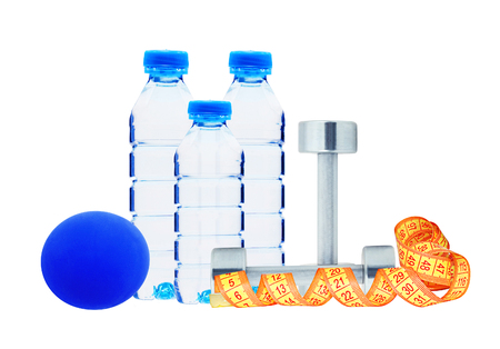 Blue bottles with water, dumbbell and ball isolated on white backgroundの写真素材