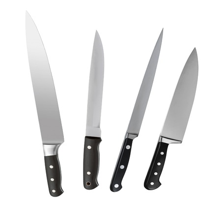set of metal kitchen knives isolated on white backgroundの写真素材